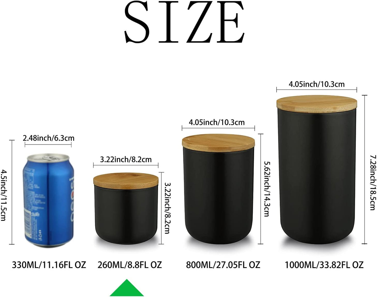 Ceramic Storage Containers with Airtight Seal Bamboo Lids Kitchen Canisters for Tea Spice Seasoning Sugar Coffee (Black, 260Ml/9 Oz)