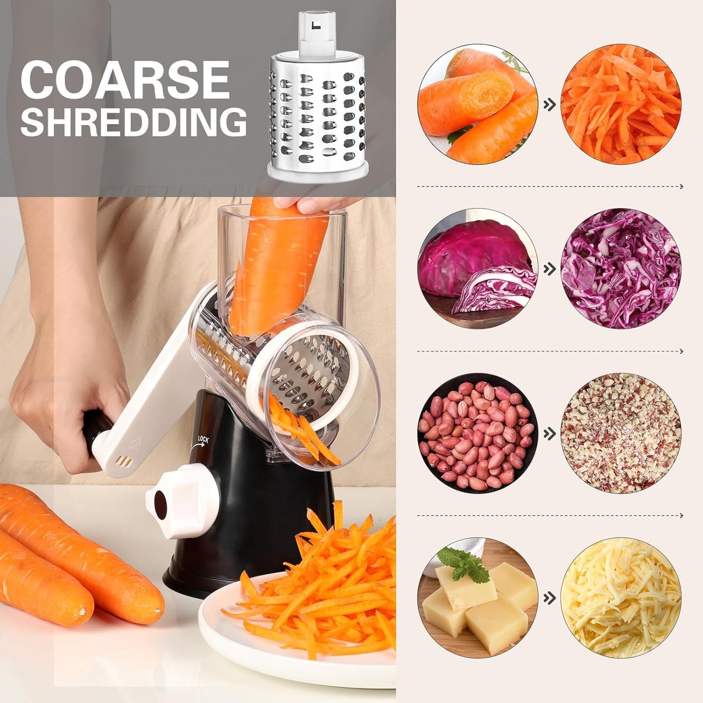 Rotary Cheese Grater,Non-Slip Suction Base, Black