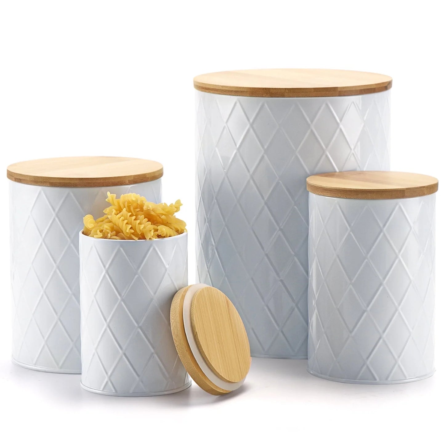 White Kitchen Canisters Set with Wooden Lids, 4 Pack