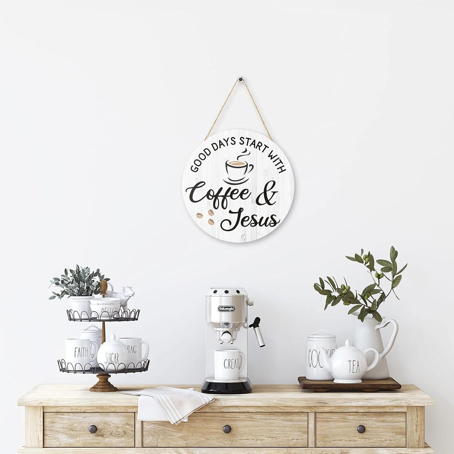 Coffee Bar Decor, 12'' X 12'' (White Good Days Start with Jesus)