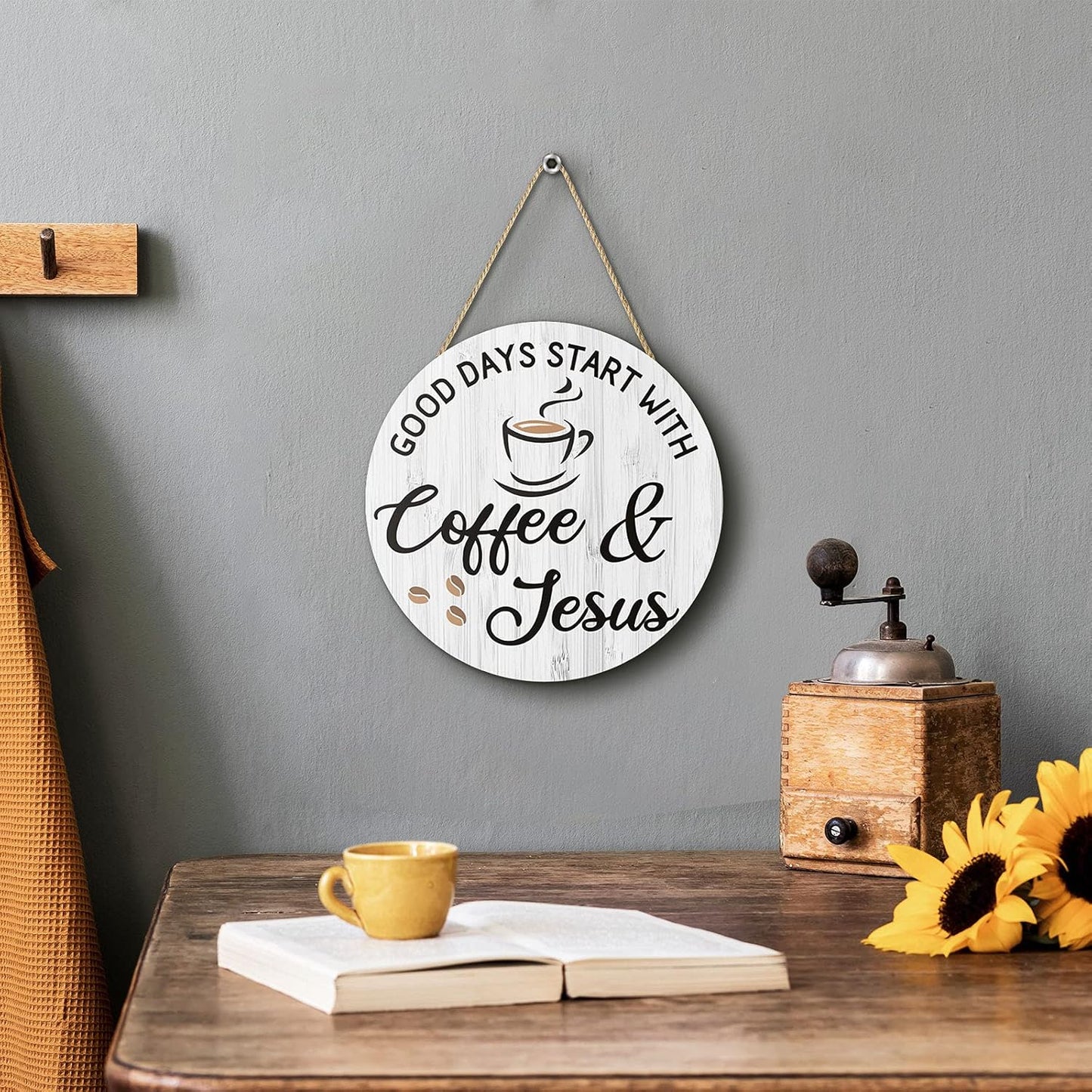 Coffee Bar Decor, 12'' X 12'' (White Good Days Start with Jesus)