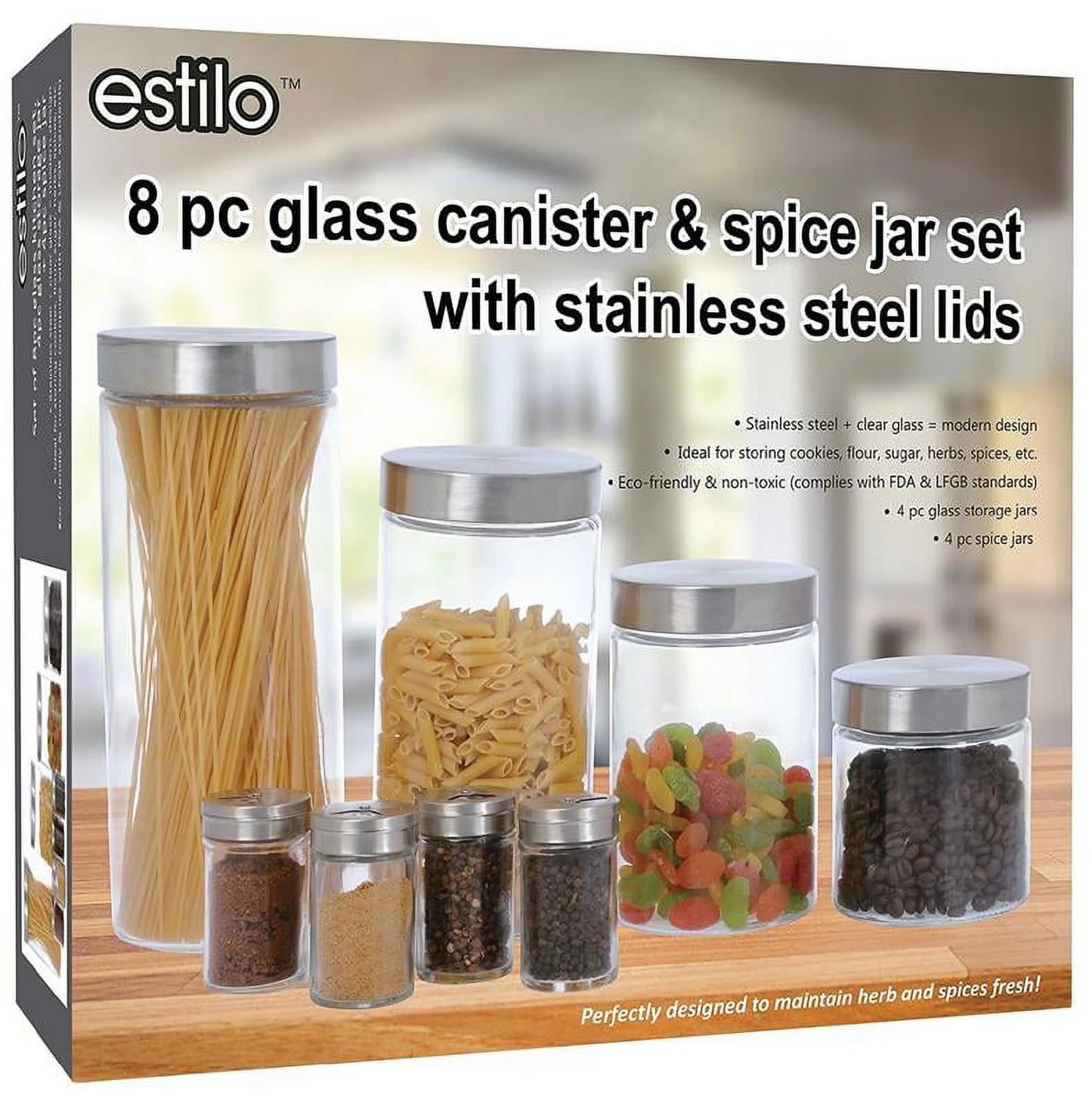 8 Piece Glass Canisters and Spice Jar Set with Stainless Steel Airtight Screw on Lids