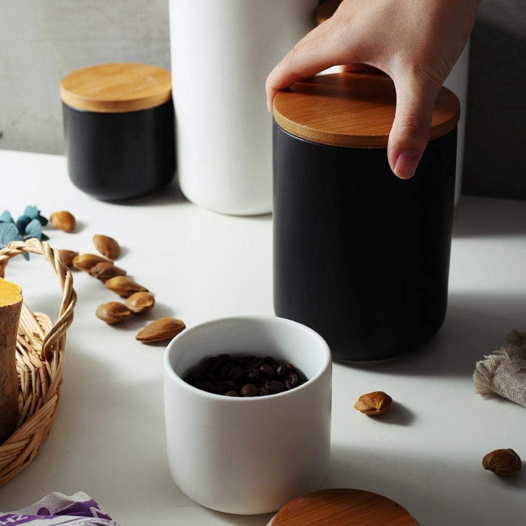 Ceramic Storage Containers with Airtight Seal Bamboo Lids Kitchen Canisters for Tea Spice Seasoning Sugar Coffee (Black, 260Ml/9 Oz)