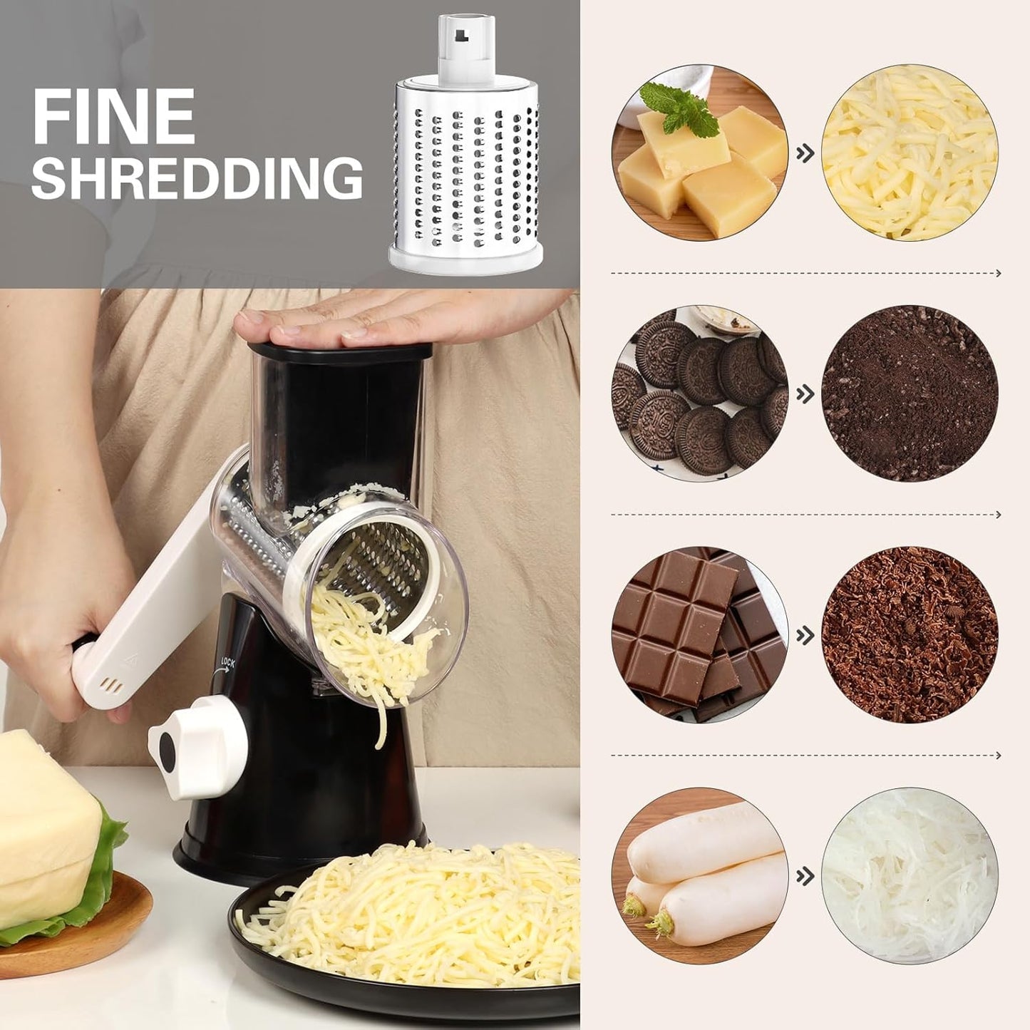 Rotary Cheese Grater,Non-Slip Suction Base, Black