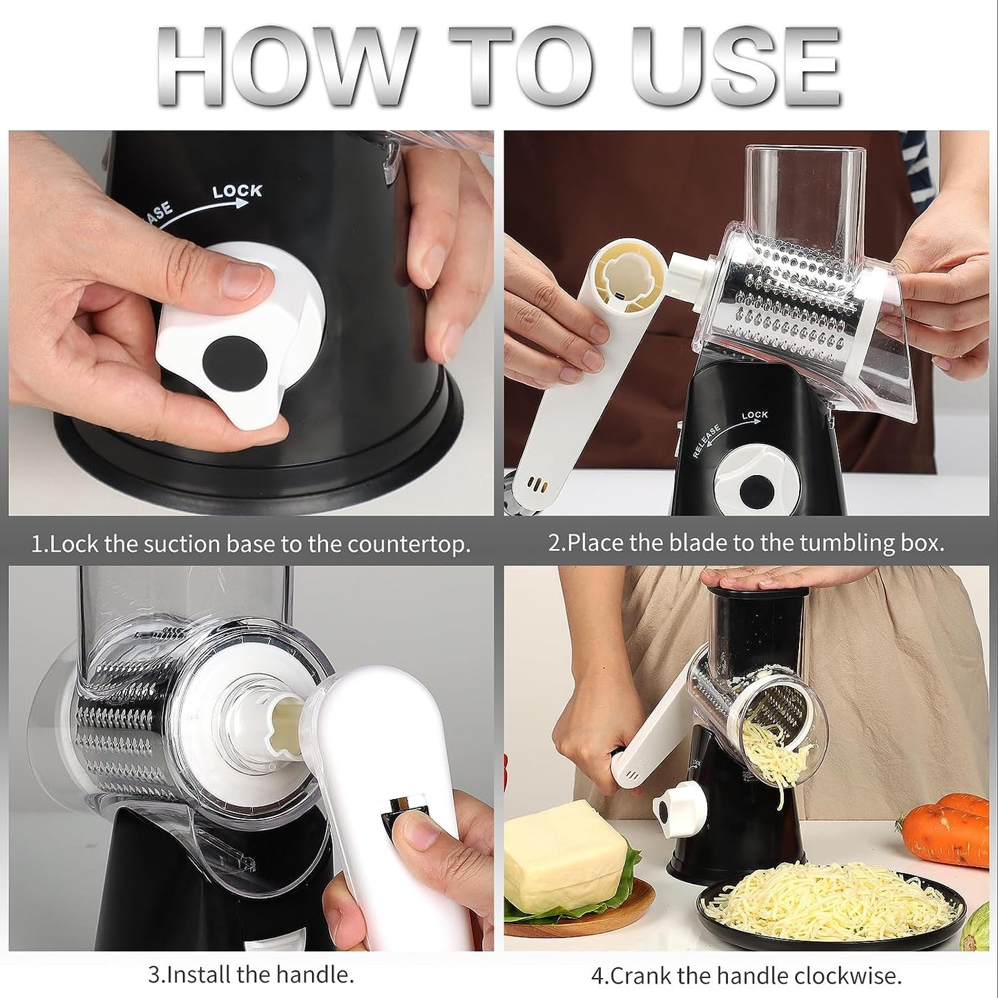 Rotary Cheese Grater,Non-Slip Suction Base, Black
