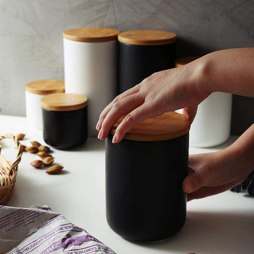 Ceramic Storage Containers with Airtight Seal Bamboo Lids Kitchen Canisters for Tea Spice Seasoning Sugar Coffee (Black, 260Ml/9 Oz)