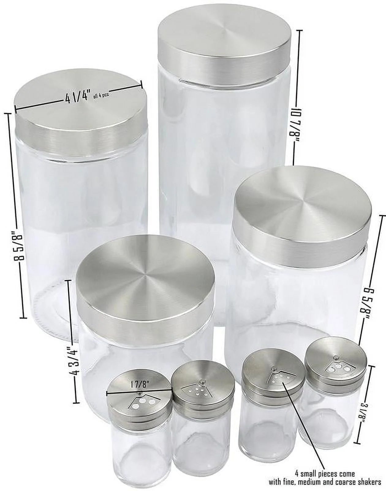 8 Piece Glass Canisters and Spice Jar Set with Stainless Steel Airtight Screw on Lids