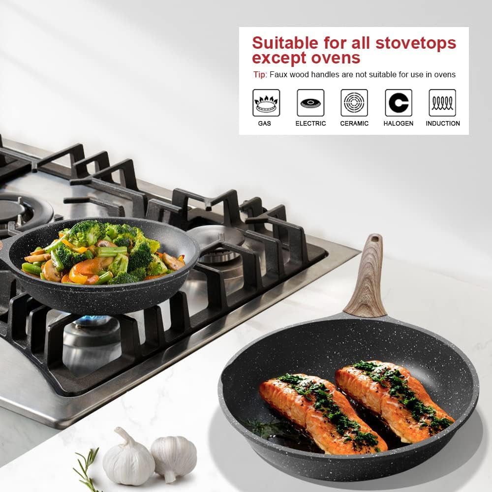 Nonstick Granite Frying Pan Skillet (Gray, 9.5 Inch with Lid)