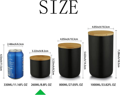 Ceramic Storage Containers with Airtight Seal Bamboo Lids Kitchen Canisters for Tea Spice Seasoning Sugar Coffee (Black, 260Ml/9 Oz)