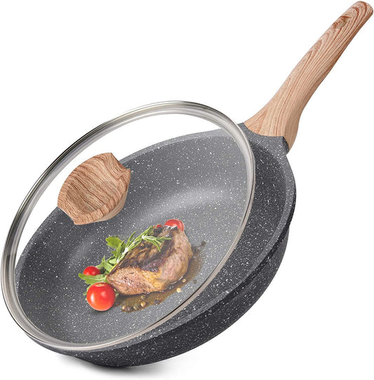 Nonstick Granite Frying Pan Skillet (Gray, 9.5 Inch with Lid)