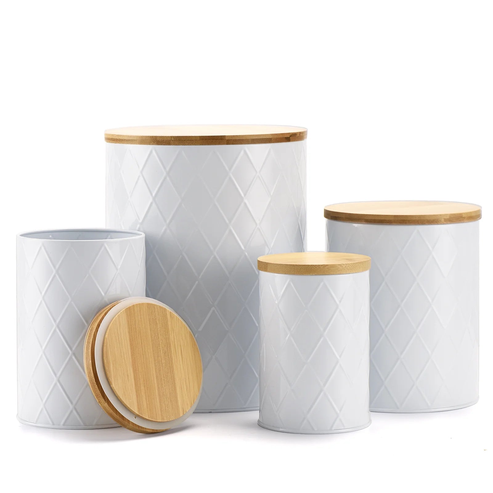 White Kitchen Canisters Set with Wooden Lids, 4 Pack