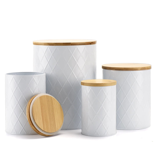 White Kitchen Canisters Set with Wooden Lids, 4 Pack