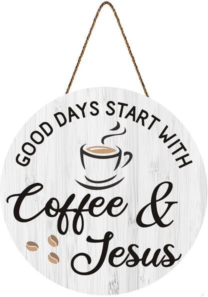 Coffee Bar Decor, 12'' X 12'' (White Good Days Start with Jesus)