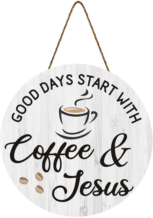 Coffee Bar Decor, 12'' X 12'' (White Good Days Start with Jesus)