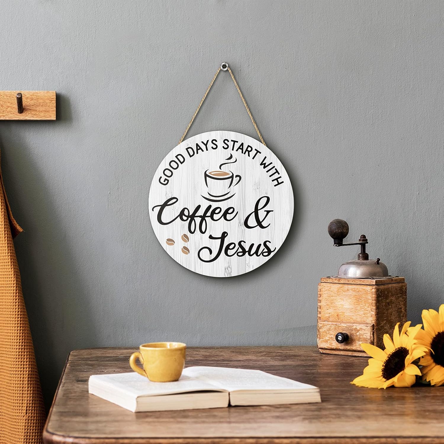 Coffee Bar Decor, 12'' X 12'' (White Good Days Start with Jesus)