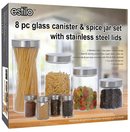 8 Piece Glass Canisters and Spice Jar Set with Stainless Steel Airtight Screw on Lids