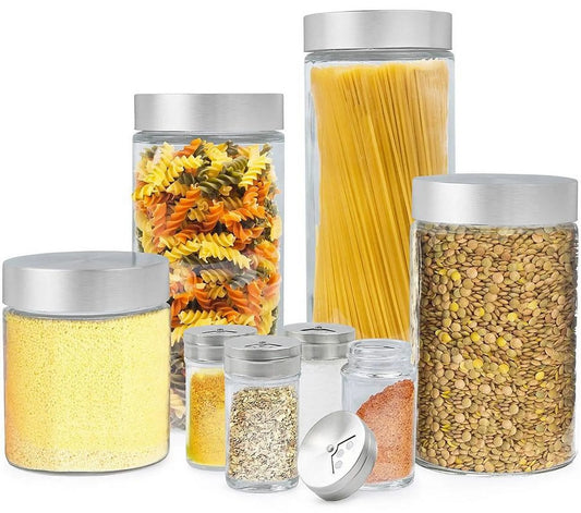 8 Piece Glass Canisters and Spice Jar Set with Stainless Steel Airtight Screw on Lids