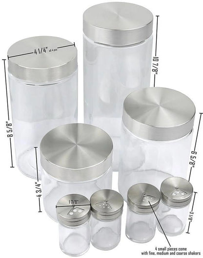8 Piece Glass Canisters and Spice Jar Set with Stainless Steel Airtight Screw on Lids